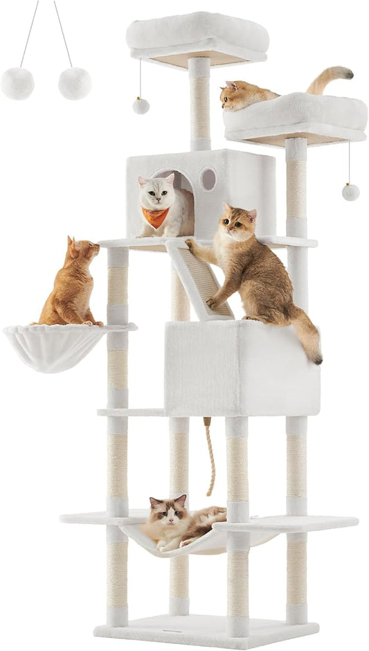 Feandrea Cat Tree, 81.1-Inch Large Cat Tower with 13 Scratching Posts, 2 Perches, 2 Caves, Basket, Hammock, Pompoms, Multi-Level Plush Cat Condo for Indoor Cats, Cream White UPCT190T01-PawvioPets