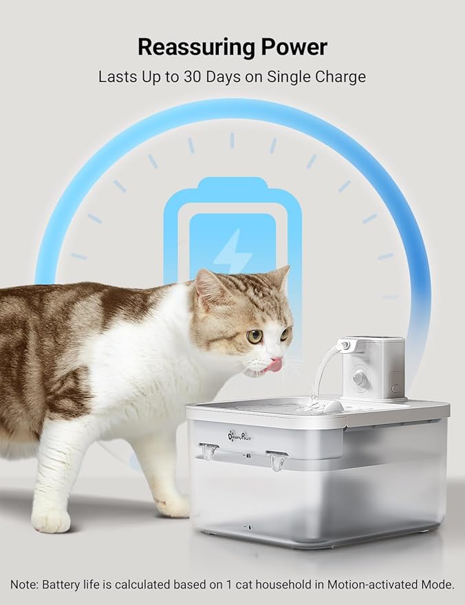 DownyPaws Battery Operated Cat Water Fountain, 84oz/2.5L Fursink Wireless Pet Water Fountain for Cats Inside, Automatic Dog Water Dispenser with Motion Sensor, Ultra Quiet Pump, BPA-Free, White-PawvioPets