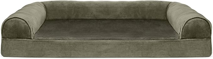Furhaven Orthopedic Dog Bed for Large/Medium Dogs w/ Removable Bolsters & Washable Cover, For Dogs Up to 55 lbs - Faux Fur & Velvet Sofa - Dark Sage, Large-PawvioPets
