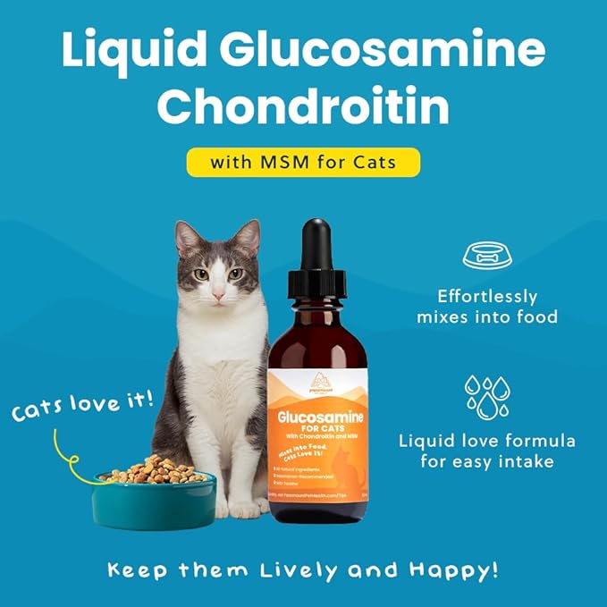100% Natural Liquid Glucosamine Chondroitin with MSM for Cats, Hip & Joint Supplement for Senior Felines, Arthritis Support & Mobility Booster Glucosamine Drops, 2 Oz-PawvioPets