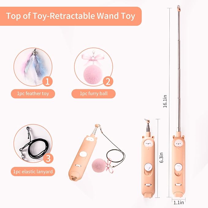 Cat Laser Toys, 2 in 1 Laser Pointer Cat Toys,Internative Cat Toys for Indoor Cats,3+5 Light Modes Cat Wand Toy, Retractable Cat Feather Toys, Long Range Kitten Toys,USB Rechargeable-PawvioPets