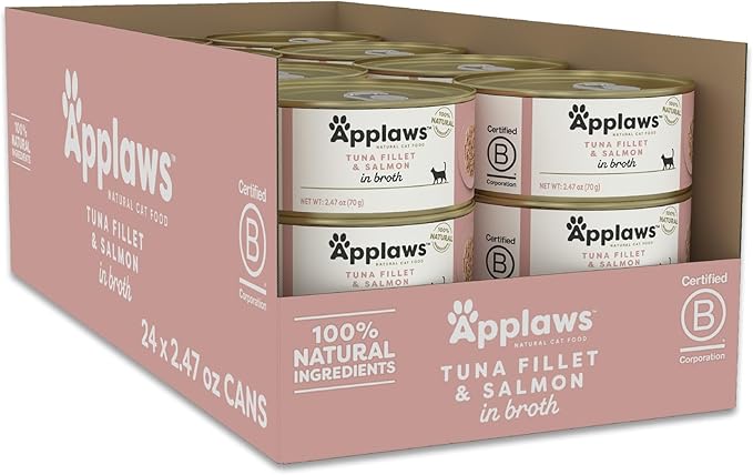 Applaws Natural Wet Cat Food in Broth, Limited Ingredient Canned Wet Cat Food, No Additives, Made with Natural Ingredients, Tuna Fillet with Salmon in Broth (24 x 2.47oz Cans)-PawvioPets