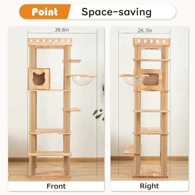 74.8" Wooden Cat Tree Tower for Large Cats, Multi-Level Cat Climbing Furniture with Scratching Posts, Cat Condo & Hammock, Natural Wood Cat Activity Center (Brown)-PawvioPets