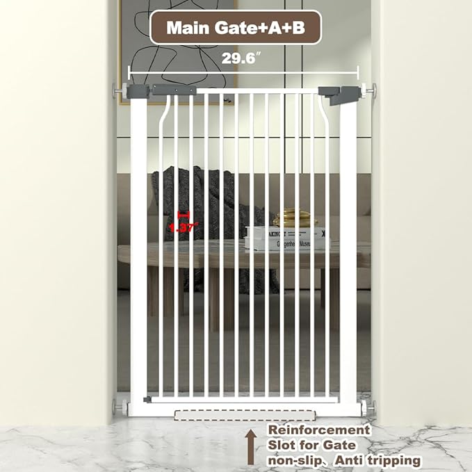 41" Extra Tall Cat Gate for Doorway, 29.6-32.5''W Metal Pet Baby Safe Gate, Extra Wide Pressure Mounted Baby Gate, No Drilling Cat Fence Indoor, Tall Dog Gate, White-PawvioPets
