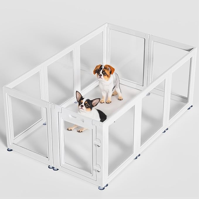 Dog Playpen Transparent Puppy Playpen Indoor, Easy Assemble & Disassemble Clear Pet Playpen, Sturdy & Easy Cleaning Plastic Dog Fence with Suction Cup (23.6"" H, 10PCS), White-PawvioPets