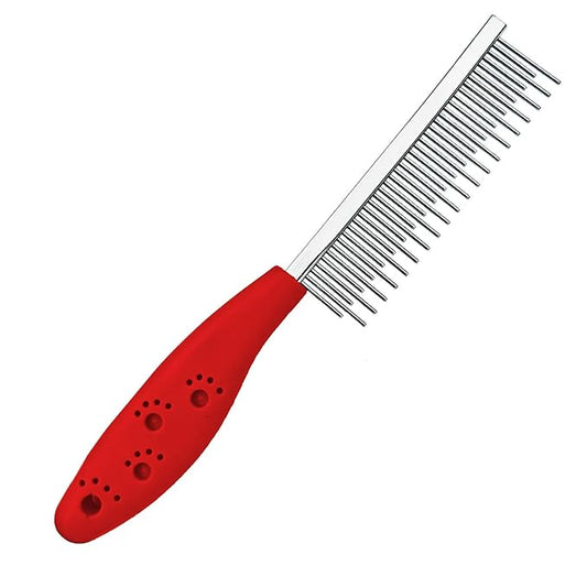 Dog or Cat Comb Grooming with Short and Long Teeth Dematting Knots Tangles Remover Combs Detangler Tool Suitable for Dogs Cats Poodle HorseStainless Steel Pin (Red)-PawvioPets