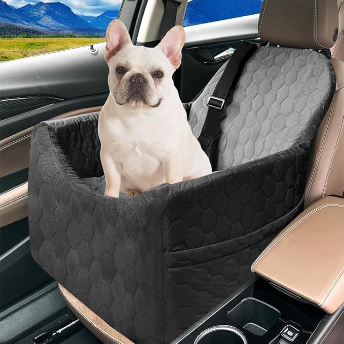 Dog Car Seat for Small/Medium Dogs - Dog Booster Seat with Safety Straps & Non-Slip Base, Travel Pet Car Seat with Storage Pockets, Washable & Removable, Suitable for Dogs Under 35 lbs (Black&Gray)-PawvioPets