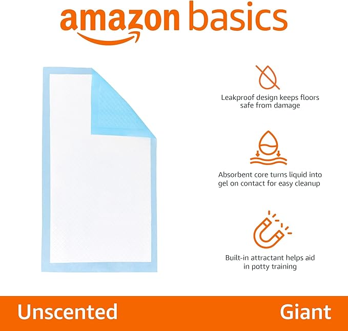 Amazon Basics Leakproof Dog and Puppy Pee Pads with 5-Layer Quick-Dry Surface for Potty Training, Standard Absorbency, Giant, 27.5 x 44Inch, Pack of 40, Blue & White-PawvioPets