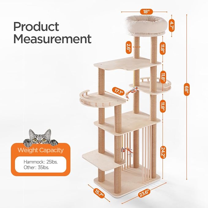 68" Large Cat Tree, Solid Wood Multi-Level Cat Tower with Scratching Posts, Fun Toys, and Washable Plush Platform for Indoor Cats-PawvioPets