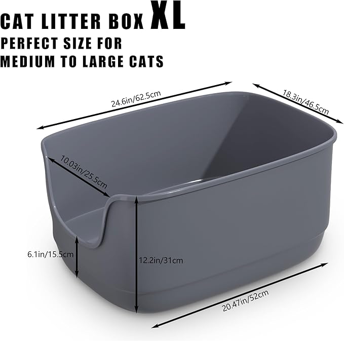 Gefryco Large Cat Litter Box with High Sided 24.6"x18.3"x12.2" - Jumbo Extra Large Open Anti - Splashing High Wall for Multiple Cats (Grey)-PawvioPets