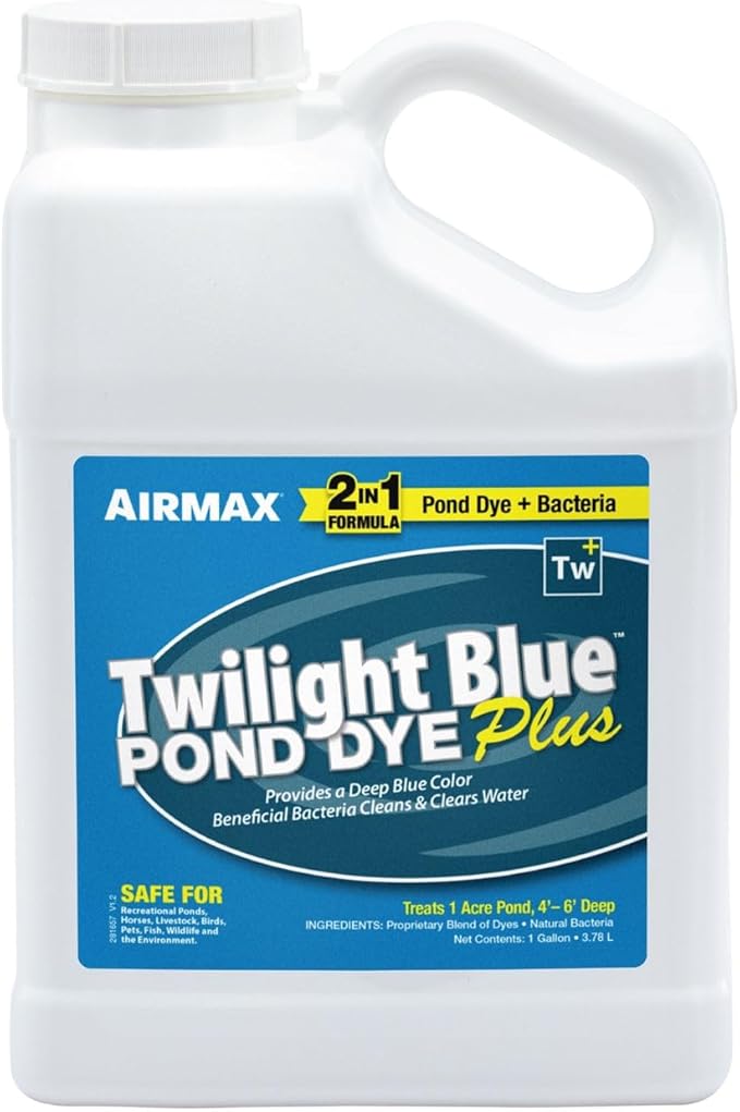 Airmax Pond Dye Plus, Twilight Blue Colorant & Natural Beneficial Bacteria, Large Pond & Lake Water Clarifier & Color Treatment, Shade Plants & Algae from Sunlight, Fish & Livestock Safe, 1 Gallon-PawvioPets