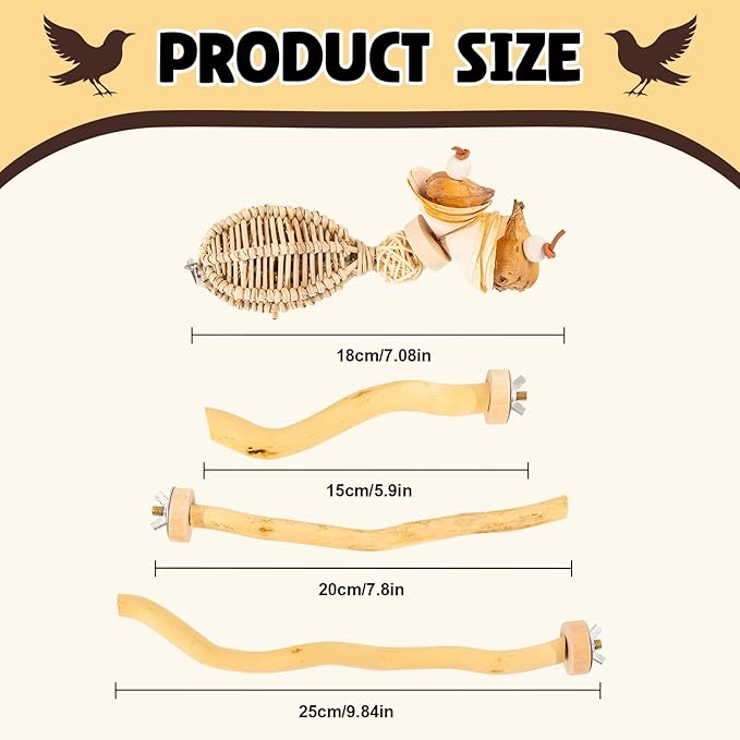 3Pcs Bird Toys Perch Stand for Cage, Natural Parrot Toys, Small Chewing Sticks Toys Bird Cage Accessories for Conures Parakeets Cockatoo African Grey Parrots (3PCS)-PawvioPets