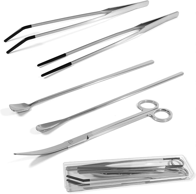 5 Pcs Reptile Feeding Tools Set with Silicone Tips - Extra Long Straight&Curved Tongs, Spoons, Scissors - Stainless Steel Terrarium Feeder Kit for Bearded Dragons, Lizards, Snake, Spiders, Aquarium-PawvioPets