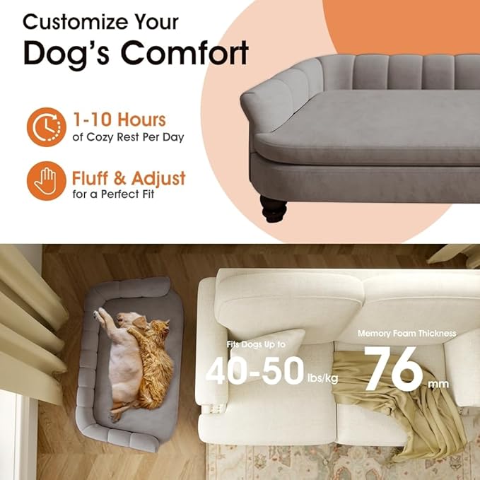 Dog Couch Sofa Bed, Comfortable Pet Sofa for Large and Medium Dogs, Soft Velvet Cushion, Durable Pet Furniture for Living Room, Washable Dog Bed for Couch 40.16‘’ (Gray)-PawvioPets