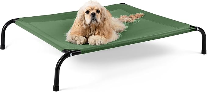 Cooling Elevated Dog Bed with Non-Slip Floor Protectors & Breathable Mesh, Raised Indoor & Outdoor Dog Cot Hammock, 34" L x 25" W x 8" Th, Small, Green-PawvioPets