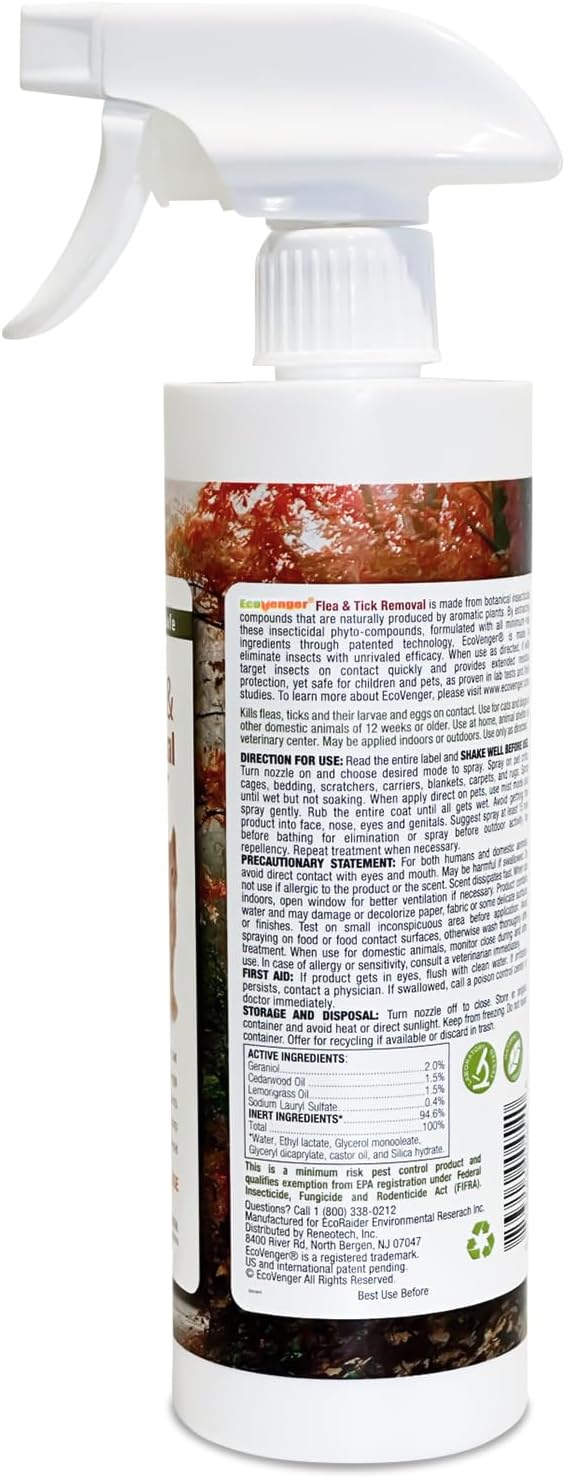 EcoVenger Flea & Tick Removal Spray 16oz for Dogs and Cats, Protects from Fleas, Mites, Ticks & Mosquitoes, eliminates+ Repels+ Housekeeping, Indoors/Outdoors, Plant-Based Formula Safe for Pets & Kids-PawvioPets