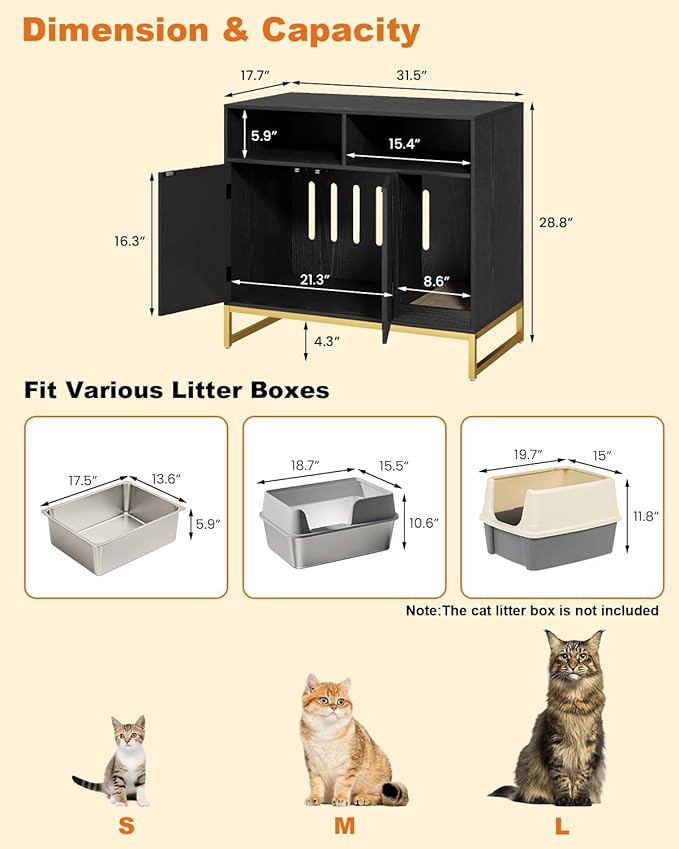 Cat Litter Box Enclosure, Large Hidden Pet Storage Cabinet Furniture with Waveform Fluted Doors & Scratching Pad, Modern Wooden Cat House Indoor for Washroom, Living Room, Bedroom, Black-PawvioPets