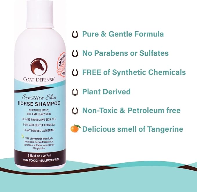 COAT DEFENSE Sensitive Skin Shampoo for Horses | All-Natural & Made in USA | Hypoallergenic Aloe Based - Soothes and Relieves Itchy, Dry and Inflamed Skin | Safe for Everyone | 8oz. Concentrated-PawvioPets