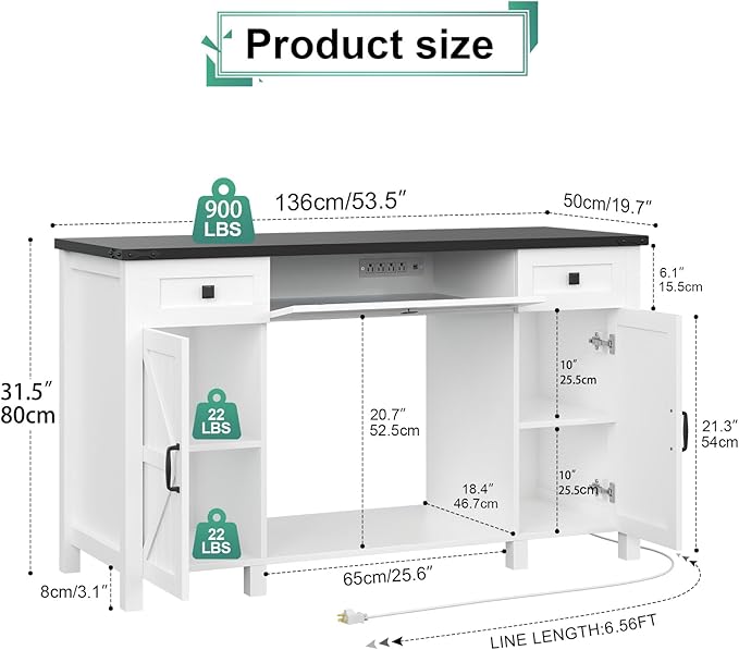 55-75 Gallon Aquarium Stand With Charging Station, Farmhouse Fish Tank Stand, Reptile Tank Stand Terrarium Stand with Drawer and Cabinet Storage, Sturdy Heavy Duty 53.5"×19.7" Tabletop - White-PawvioPets