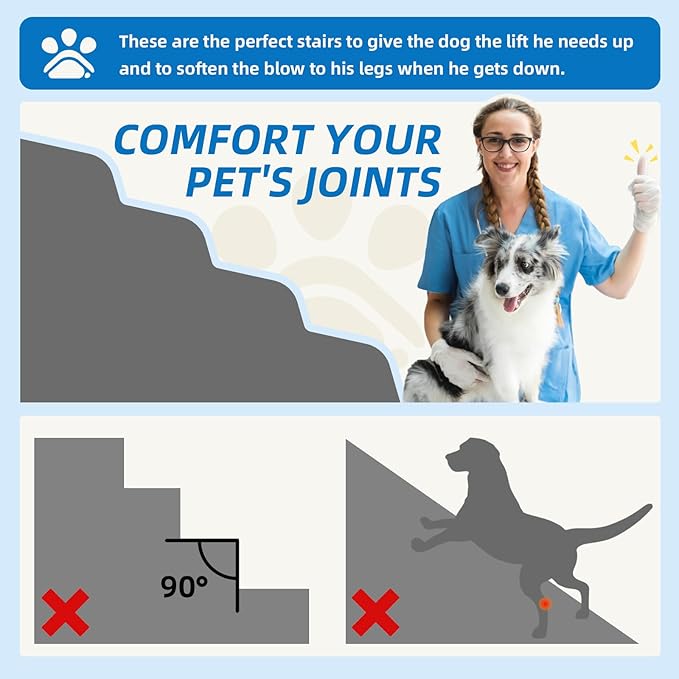 Dog Stairs 4 Steps for Small Dogs and Cats to Get on High Beds, Couch or Car, Pets Can Climb, Sit, Lie Down or Perch to Look Out Windows on The Spliceable Ramp, Provides Support, Grey（19" H）-PawvioPets