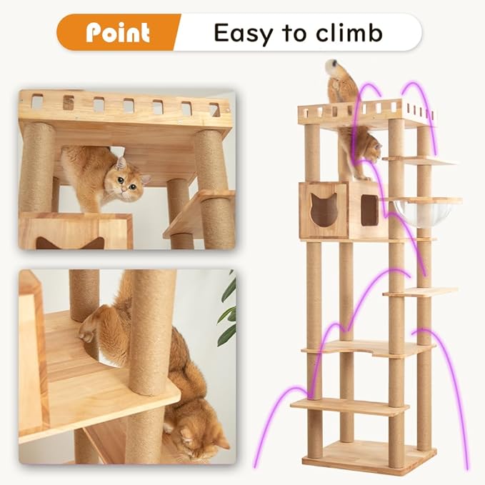 74.8" Wooden Cat Tree Tower for Large Cats, Multi-Level Cat Climbing Furniture with Scratching Posts, Cat Condo & Hammock, Natural Wood Cat Activity Center (Brown)-PawvioPets