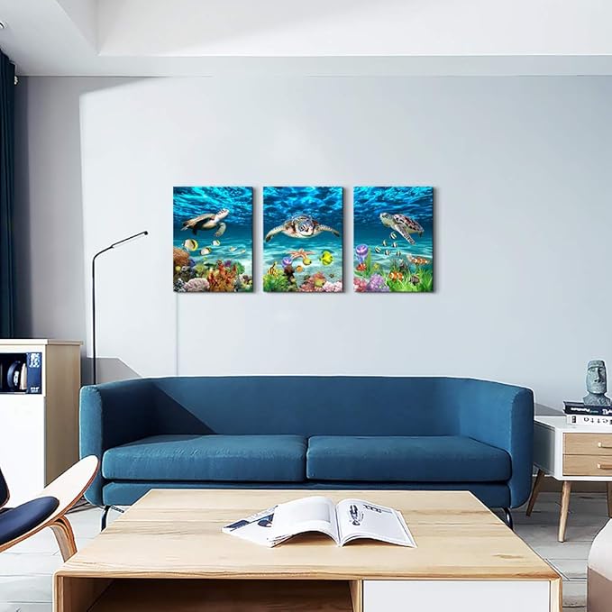 Canvas Wall Art for Living Room Large Size Wall decor for Bedroom Bathroom Wall Decoration blue Ocean Sea Turtle Paintings Modern shark Pictures Artwork office Decor Ready to Hang 16" x 24" 3 Piece-PawvioPets