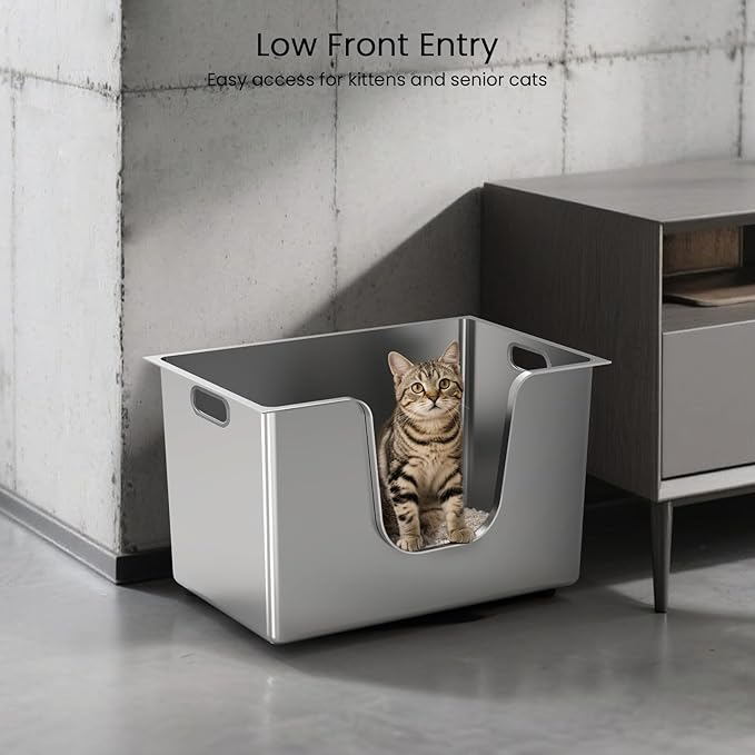 Enclosed Stainless Steel Cat Litter Box 13.8” High Sides, Extra Large Litter Box for Big Cats, XL Metal Kitty Litter Pan Pet Toilet with Wheels for Easy Mobility, Anti-Leakage, Non-Sticky, Easy Clean-PawvioPets