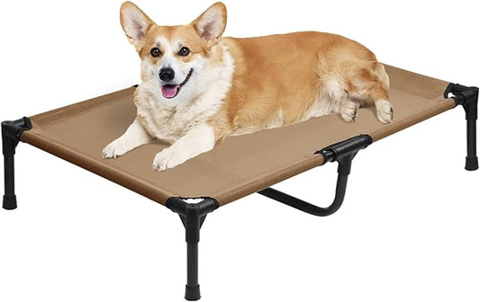 Elevated Dog Bed for Medium Dogs, Outdoor Cooling Raised Dog Beds Washable Pet Cot with Removable Mesh, Lifted Pets Hammock with Frame, Easy to Assemble, Brown, M-PawvioPets