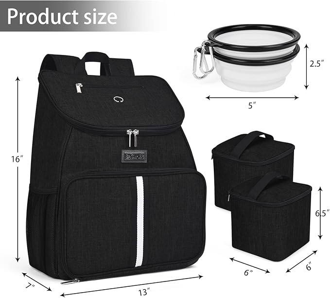 BAGLHER丨Dog Travel Bag, Airline Approved Pet Supplies Backpack, Dog Travel Backpack Accessories Set with 2 Silicone Collapsible Bowls and 2 Food Baskets. Black-PawvioPets