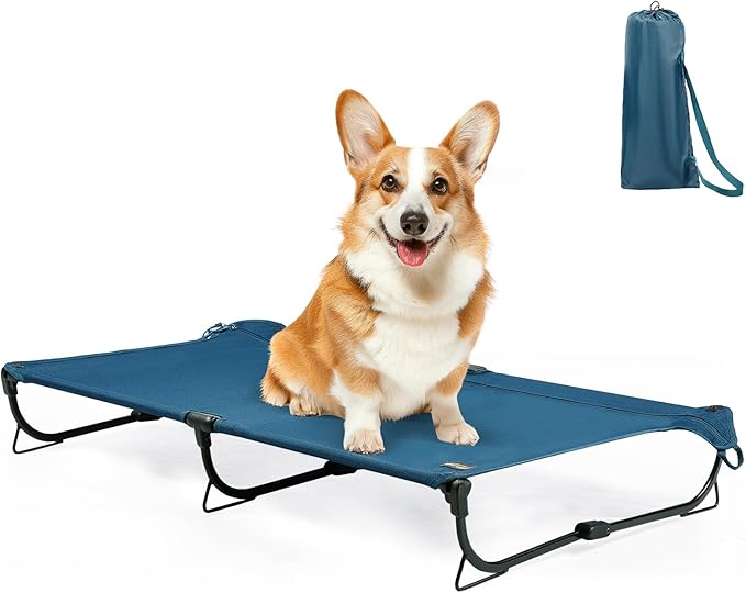 Daisy Cot, Medium Foldable Elevated Dog Bed, Portable Raised Outdoor Folding Dog Cot, Cooling, Chew Proof, Waterproof, Heavy Duty Up to 160 Lbs for Camping/Home, Dark Blue, 32"x 19"x6"-PawvioPets
