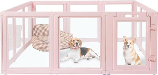 DIY Clear Acrylic Dog Playpen House,Quick Easy Assembly and Disassembly,Strong Floor Suction,Indoor and Outdoor Use,Easy Cleansing Puppy Fence (Skin Pink, 23.6" H, 12PCS)-PawvioPets