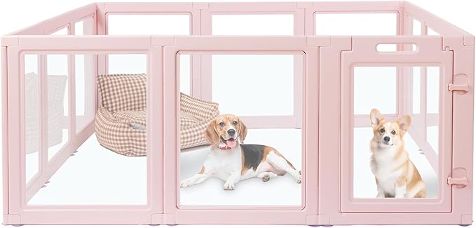 DIY Clear Acrylic Dog Playpen House,Quick Easy Assembly and Disassembly,Strong Floor Suction,Indoor and Outdoor Use,Easy Cleansing Puppy Fence (Skin Pink, 23.6" H, 10PCS)-PawvioPets