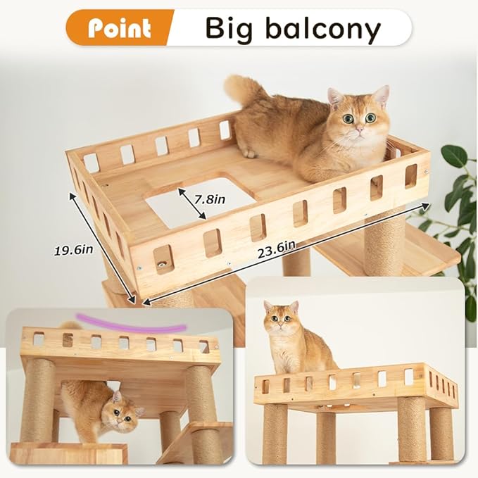 74" Wooden Cat Tree Tower for Large Cats, Multi-Level Cat Climbing Furniture with Scratching Posts, Cat Condo & Hammock, Natural Wood Cat Activity Center(Brown)-PawvioPets