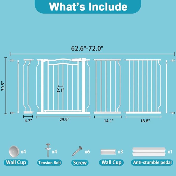 Extra Wide Dog Gate for Doorways 62.6-72 in, Walk Through Long Baby Gates for Large Openings, No Drill Child Safety Gate for Pets Kids Toddler, Doggy Barrier Indoor Metal, 30" Tall White-PawvioPets