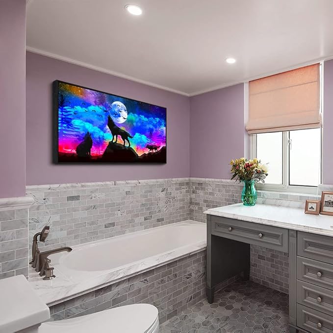 Framed Canvas Wolf Landscape Painting Canvas Wall Art For Living Room Bathroom Wall Decor For Bedroom Kitchen Artwork Canvas Art Prints Modern Office Home Decorations Blue Starry Sky Hang Pictures-PawvioPets