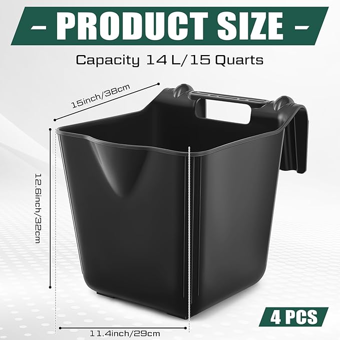 4 Pack 15 Quart Horse Feeders for Stall Hook Over Hanging Fence Hay Feeder Mountable Livestock Plastic Feed Bucket for Farm Stalls Pasture, Stable to Feed Horses Sheep Cattle Cows Etc(Black)-PawvioPets