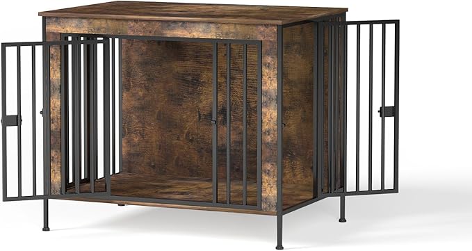 Dog Crate Furniture 40" Sturdy Heavy Duty Dog Kennel Solid Metal Tube Thick Wooden with 3 Lockable Doors Single Dog Cage Large Breed as TV Stand End Table for Large Dog Rustic Brown-PawvioPets