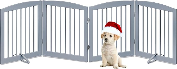 Freestanding Pet Gate - Foldable Wooden Dog Gate for House, Indoor, 80 Inch Wide, 4 Panels 24", Grey-PawvioPets