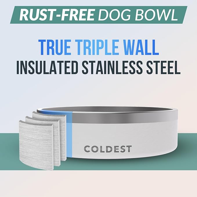 Coldest Dog Bowl - Anti Rust Metal, Non Slip, 3 Layers Insulated Stainless Steel Dog Bowls - Spill Proof & Heavy Duty - Water Bowl for Dogs, Cats & Pets, Dish Washer Safe (42 oz, Epic White)-PawvioPets