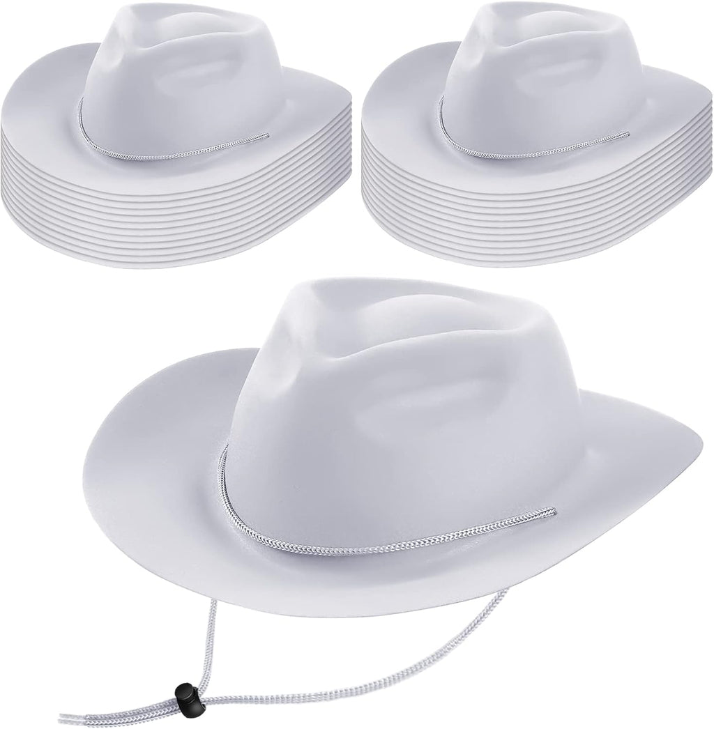 Mepase 24 Pieces Disposable Plastic Western Cowboy Hat Set Felt Wide Brimmed Cowgirl Hats for Men Women Costume Party(White)