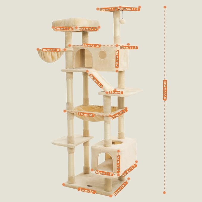 73 inches Large Cat Tree for Indoor Cats, Tall Cat Tower with Sisal Scratching Posts and Pads, Padded Plush Perch, Cozy Basket, Plush Condo for Large Cats (Beige)-PawvioPets