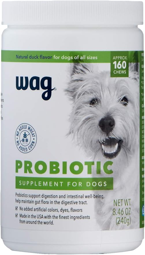 Amazon Brand - Wag Probiotic Supplement Chews for Dogs, Supports Digestive Health and Gut Flora, Natural Duck Flavor, 160 Count, Pack of 1-PawvioPets