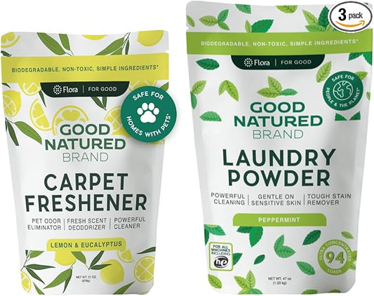 Good Natured Brand | Laundry Bundle | Carpet Freshener Lemon & Eucalyptus 31oz | Pet-Friendly Carpet Deodorizer | Laundry Powder Peppermint 47oz | Hypoallergenic Laundry Powder 94 Loads-PawvioPets