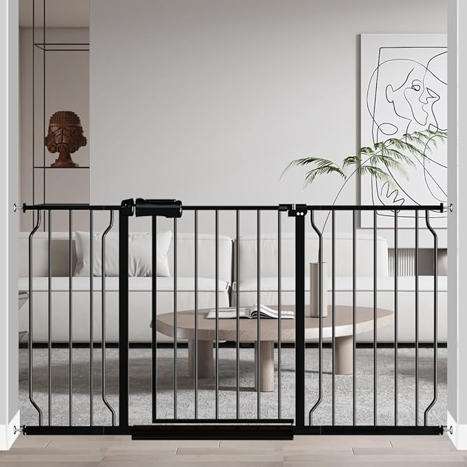 Fairy Baby Extra Wide Baby Gate Black 53-57.5 Inch Wide, Walk Through Pressure Mounted No Drill, Long and Large Tension Gate for Pet and Kids-PawvioPets