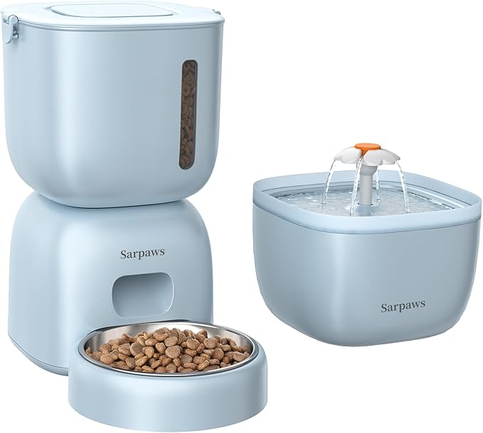 Automatic Cat Feeder and Water Dispenser FW1, Wire or Battery Cat Food Dispenser Timer Pet Feeder - Locking Lid, Desiccant Bag, Programmable Portion Control, 4 Daily Meals, 10s Voice Recorder-Blue-PawvioPets