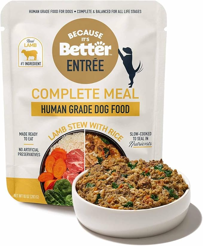 Because it's Better Entrée Complete Meal, Lamb Stew with Rice, Human Grade Wet Dog Food, 10 oz Pouches, 6 Count-PawvioPets
