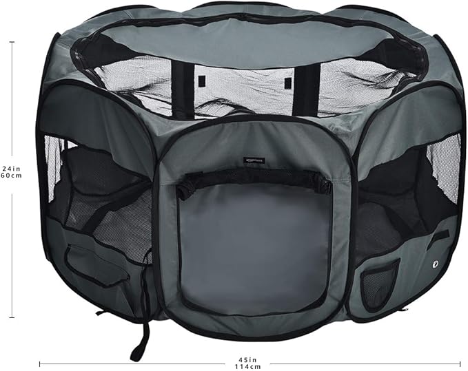 Amazon Basics Portable Soft Pet Dog Octagonal Travel Playpen, Large (45 x 45 x 24 inches), Grey-PawvioPets