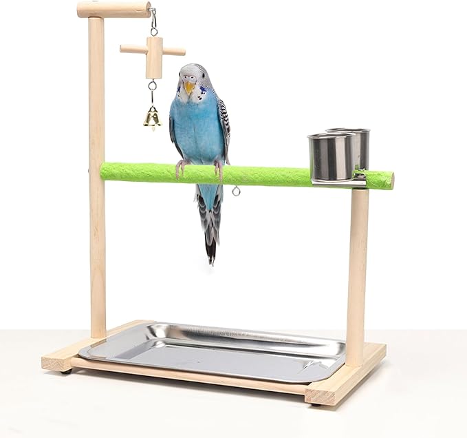 Bird Palyground, Parrot Playstand Natural Wood, Bird Perch Stand Gym with Feeder Cups and Removable Tray, Bird Cage Accessories for Parakeets Cockatiels Lovebirds-PawvioPets