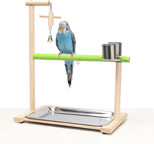 Bird Palyground, Parrot Playstand Natural Wood, Bird Perch Stand Gym with Feeder Cups and Removable Tray, Bird Cage Accessories for Parakeets Cockatiels Lovebirds-PawvioPets