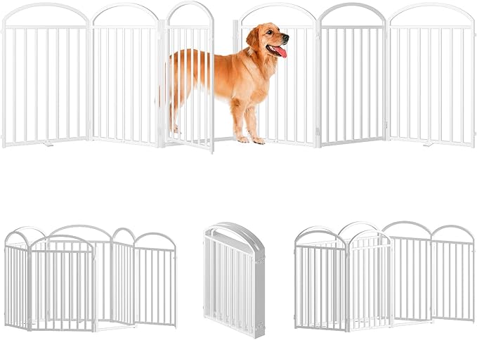 6 Panles Full Matel Freestanding Dog Gates with Door, 144"Extra Wide 32"Tall Free Standing Dog Pet Gate for Indoor & Outdoor. Foldable Pet Fences for Doorways, House, Stairs, Porch, Deck, Yard-PawvioPets
